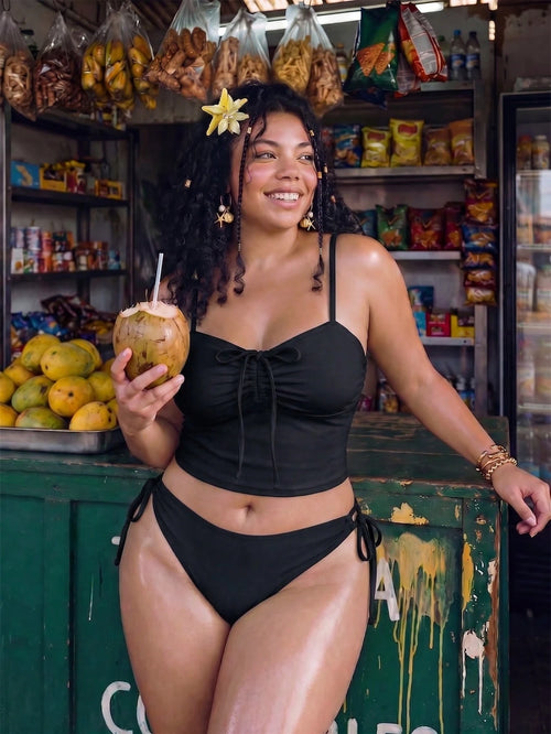 Swim Mod Plus Size 2-Piece Women's Sexy Elegant Spaghetti Strap Bikini Set, Ruched Drawstring Bow Top, Paired With Adjustable Side Tie Bottoms, Summer Beach