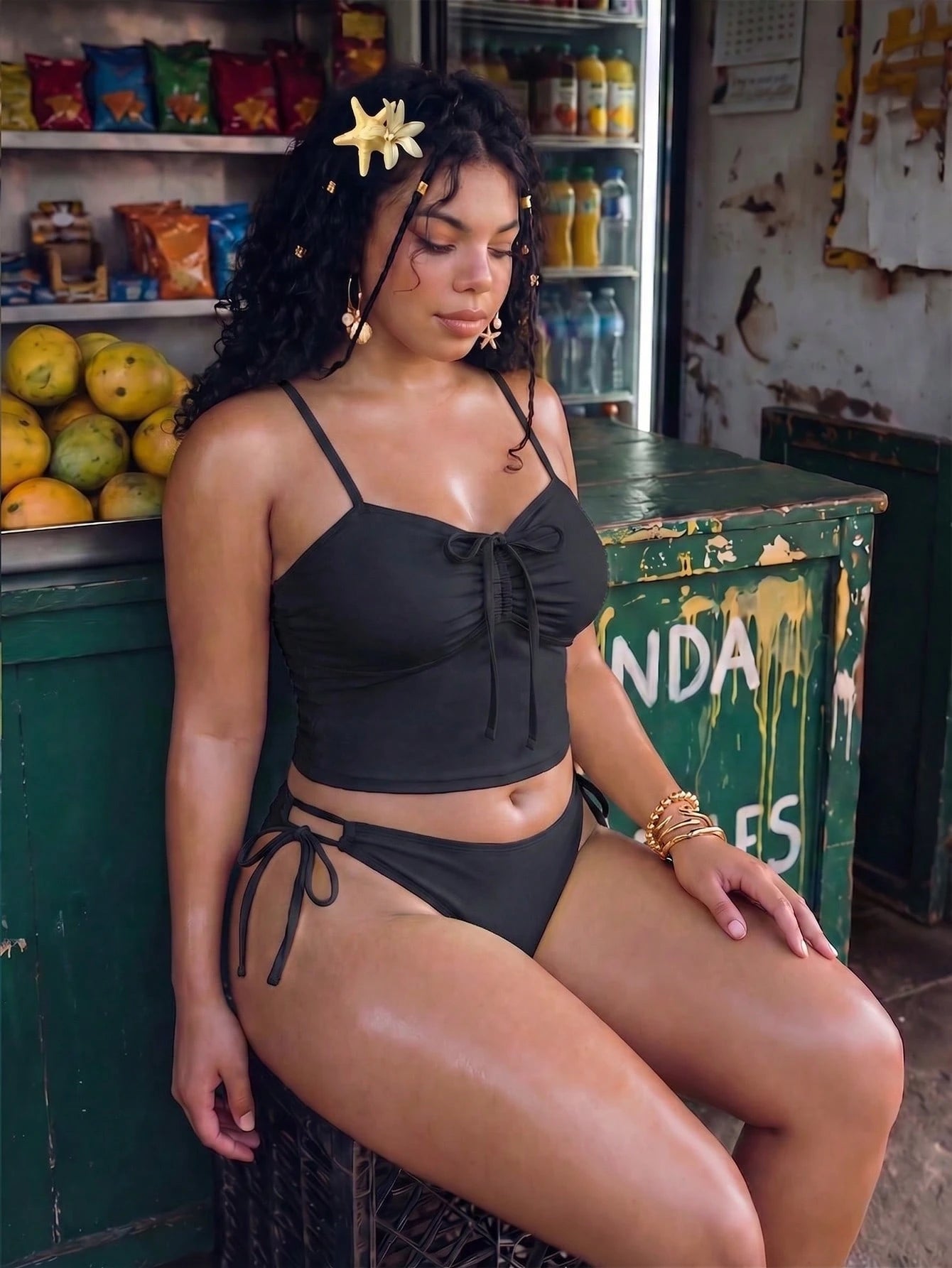 Swim Mod Plus Size 2-Piece Women's Sexy Elegant Spaghetti Strap Bikini Set, Ruched Drawstring Bow Top, Paired With Adjustable Side Tie Bottoms, Summer Beach