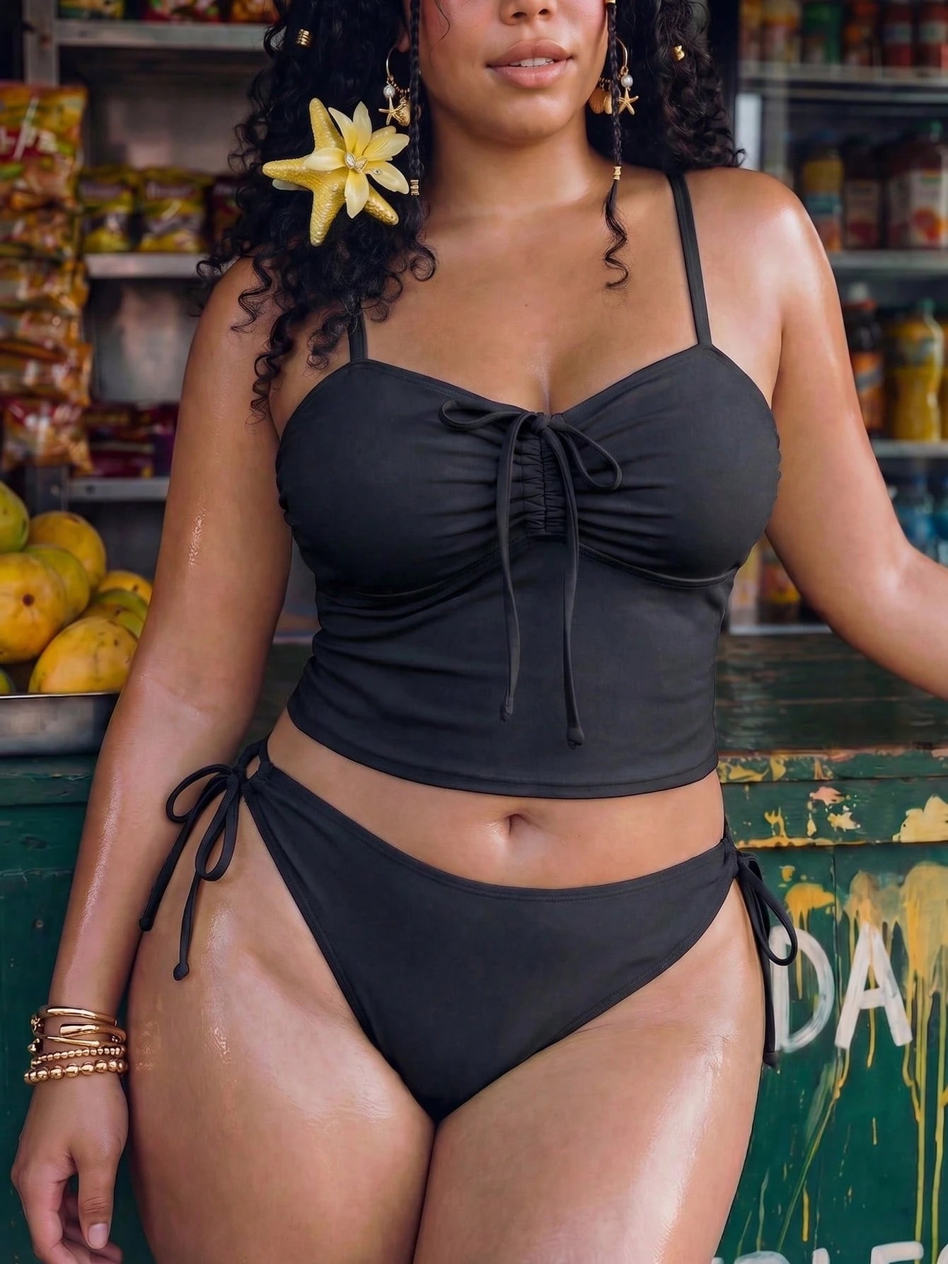 Swim Mod Plus Size 2-Piece Women's Sexy Elegant Spaghetti Strap Bikini Set, Ruched Drawstring Bow Top, Paired With Adjustable Side Tie Bottoms, Summer Beach