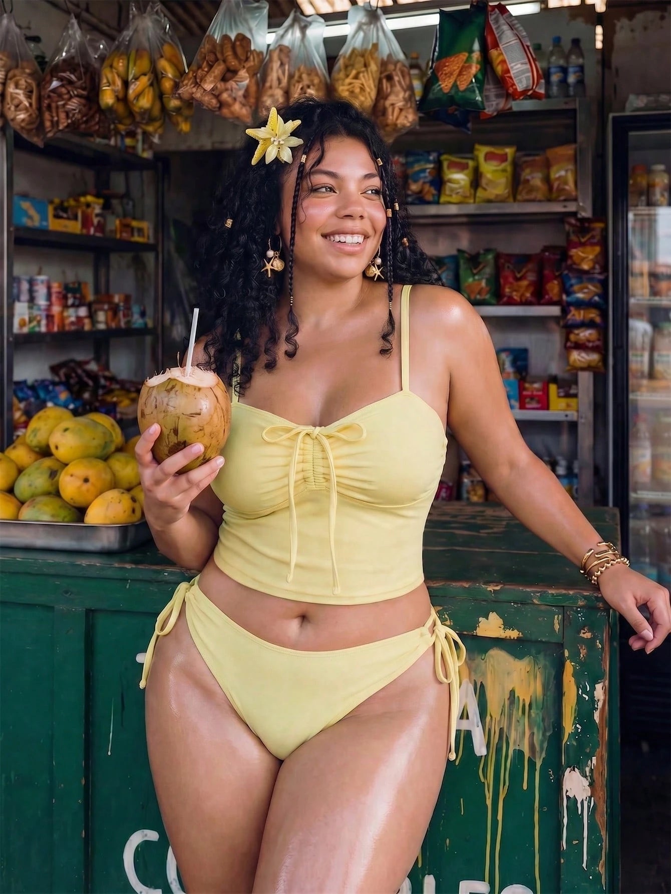 Swim Mod Plus Size 2-Piece Women's Sexy Elegant Spaghetti Strap Bikini Set, Ruched Drawstring Bow Top, Paired With Adjustable Side Tie Bottoms, Summer Beach