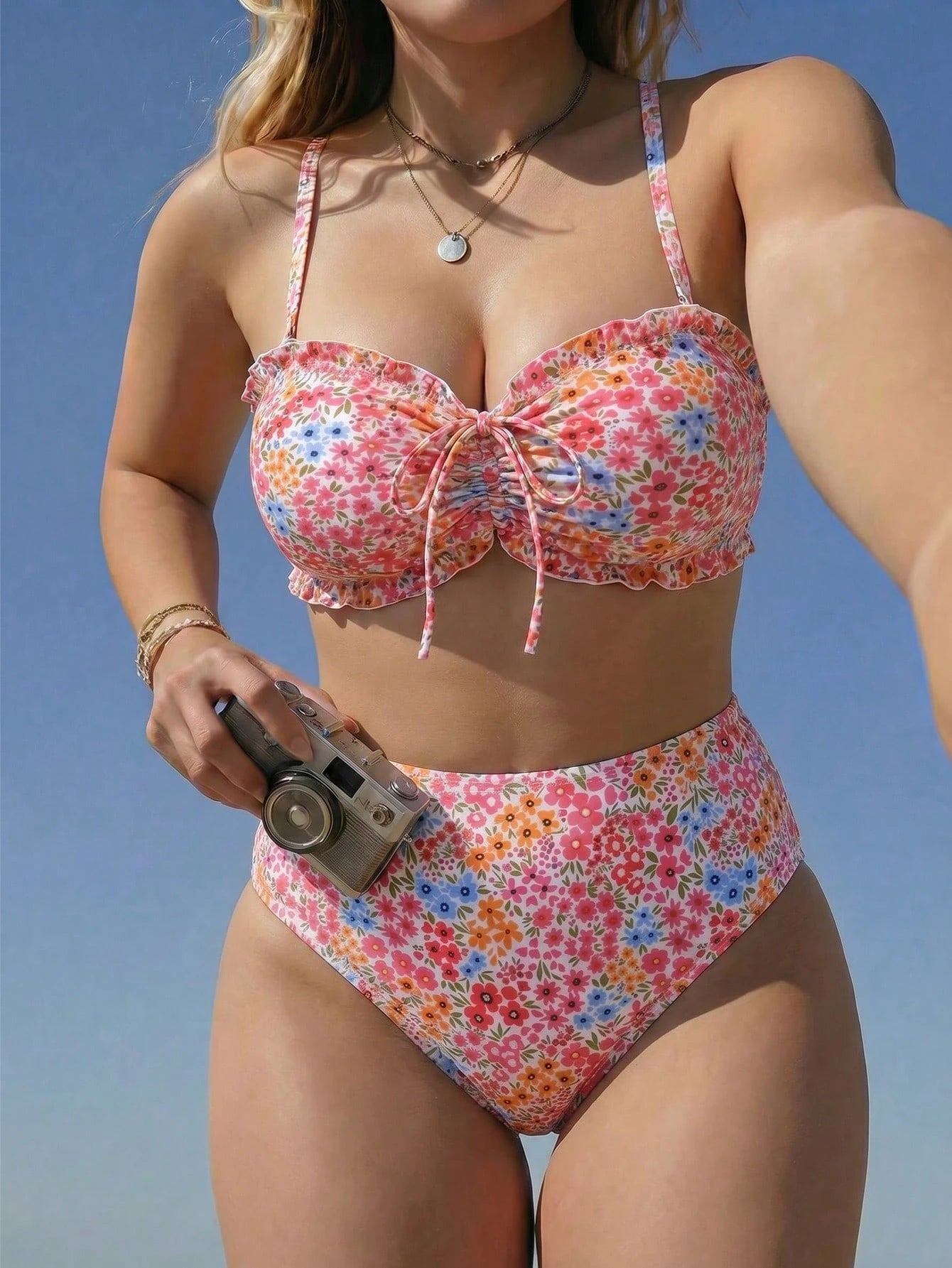 Swim Mod Plus Size 2026 New Spring/Summer Floral Random Print Ruffle Decor Front Drawstring Women's Cute Sweet Bikini Set Suitable For Summer Beach And Vacation