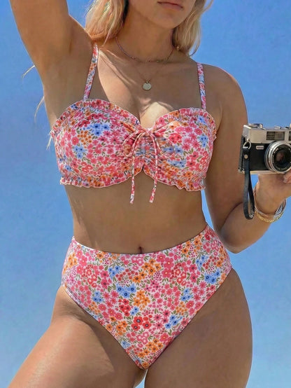 Swim Mod Plus Size 2026 New Spring/Summer Floral Random Print Ruffle Decor Front Drawstring Women's Cute Sweet Bikini Set Suitable For Summer Beach And Vacation
