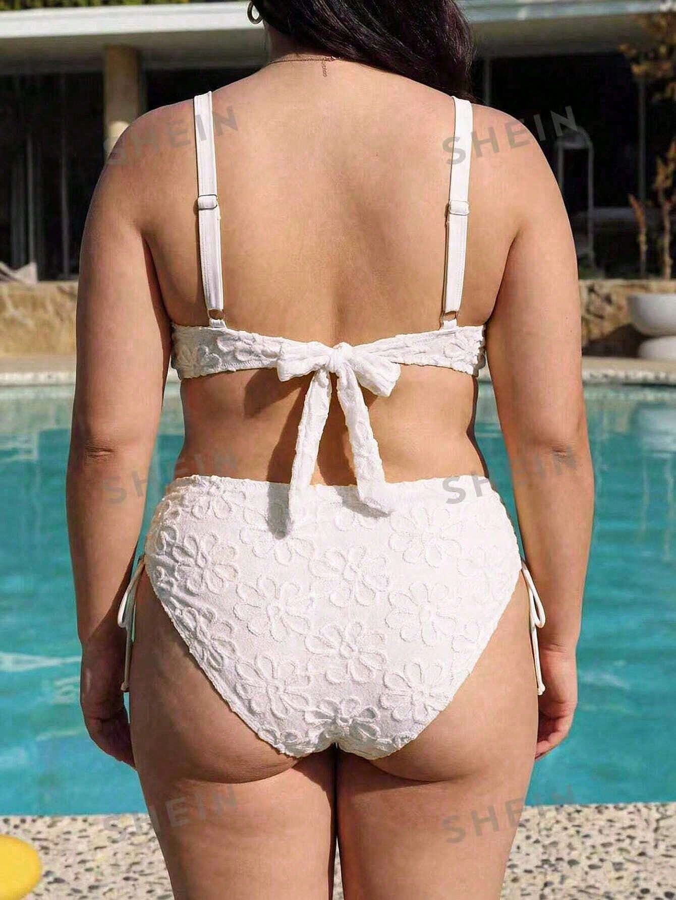 Swim Mod Plus Size European And American Steel Supported Gather Swimwear Set, Soft Cup Bikini With Jacquard Texture In Light Yellow