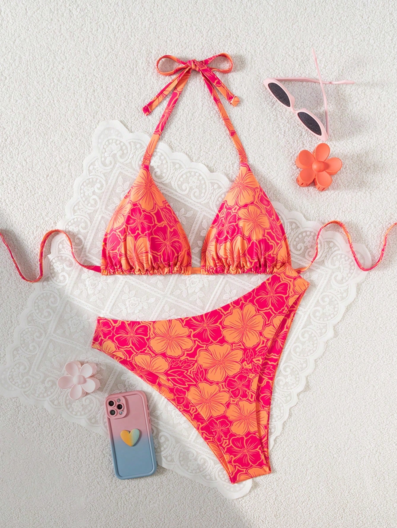 Swim Mod Plus Size Women 2 Pieces Sexy Pool Beach Wear, Random Digital Print Tie Front Casual Bikini Set For Summer Beach Vacation