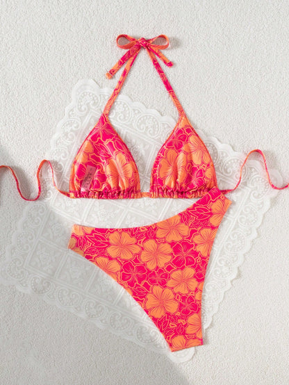 Swim Mod Plus Size Women 2 Pieces Sexy Pool Beach Wear, Random Digital Print Tie Front Casual Bikini Set For Summer Beach Vacation