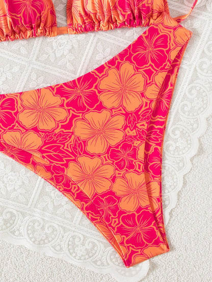 Swim Mod Plus Size Women 2 Pieces Sexy Pool Beach Wear, Random Digital Print Tie Front Casual Bikini Set For Summer Beach Vacation