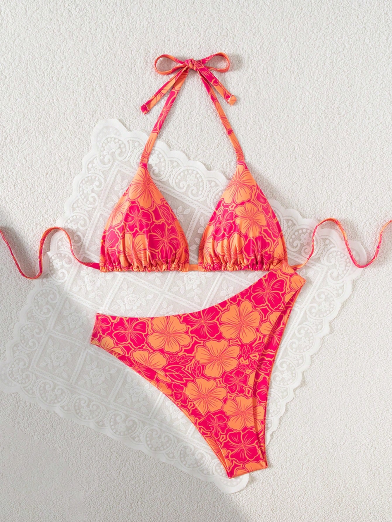 Swim Mod Plus Size Women 2 Pieces Sexy Pool Beach Wear, Random Digital Print Tie Front Casual Bikini Set For Summer Beach Vacation