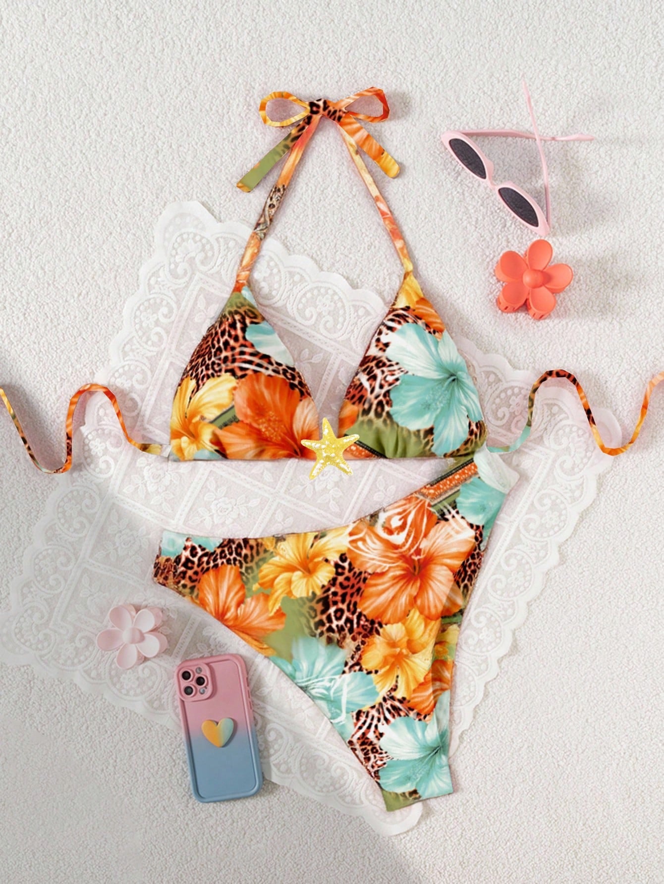 Swim Mod Plus Size Women 2 Pieces Sexy Pool Beach Wear, Random Digital Print Tie Front Casual Bikini Set For Summer Beach Vacation
