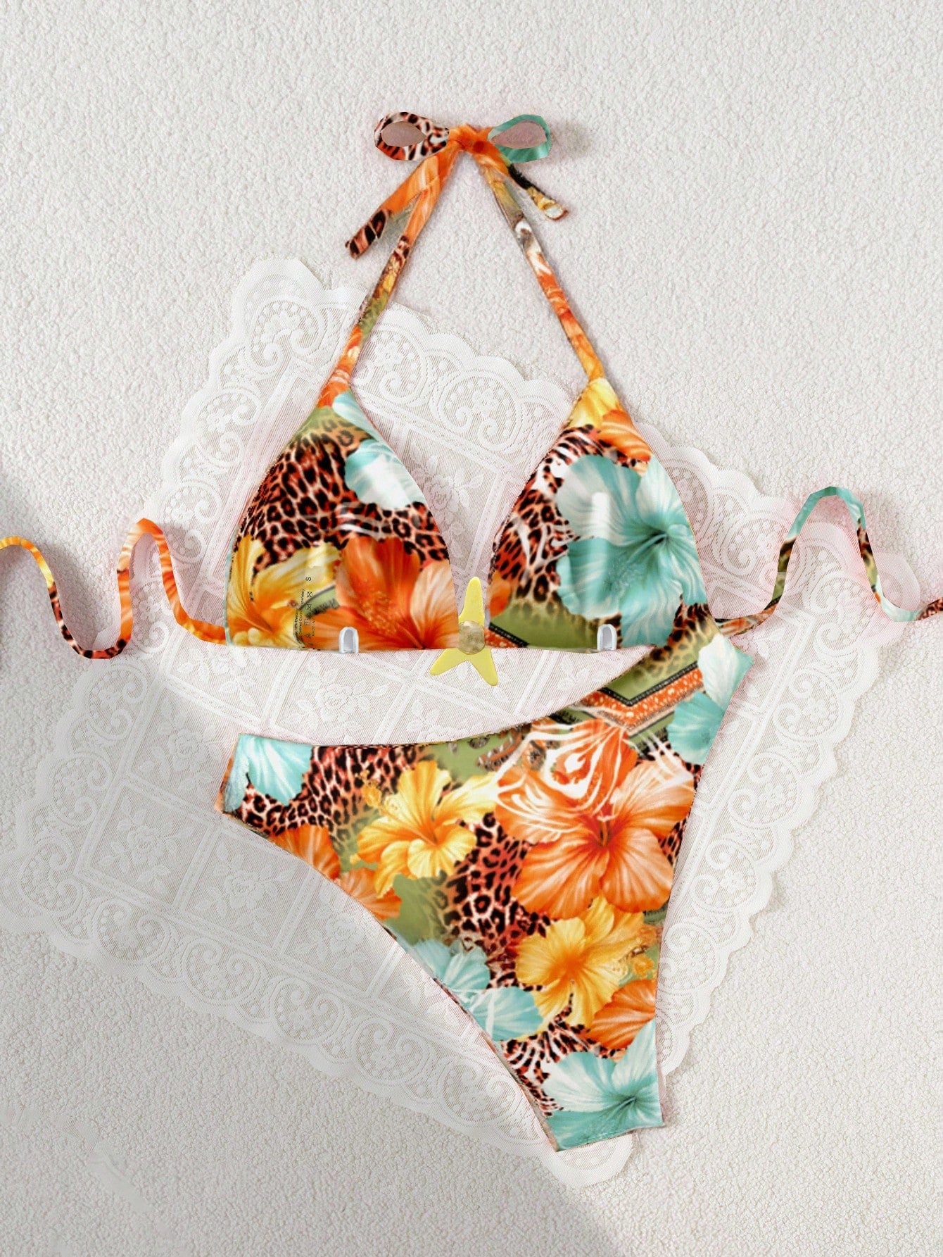 Swim Mod Plus Size Women 2 Pieces Sexy Pool Beach Wear, Random Digital Print Tie Front Casual Bikini Set For Summer Beach Vacation
