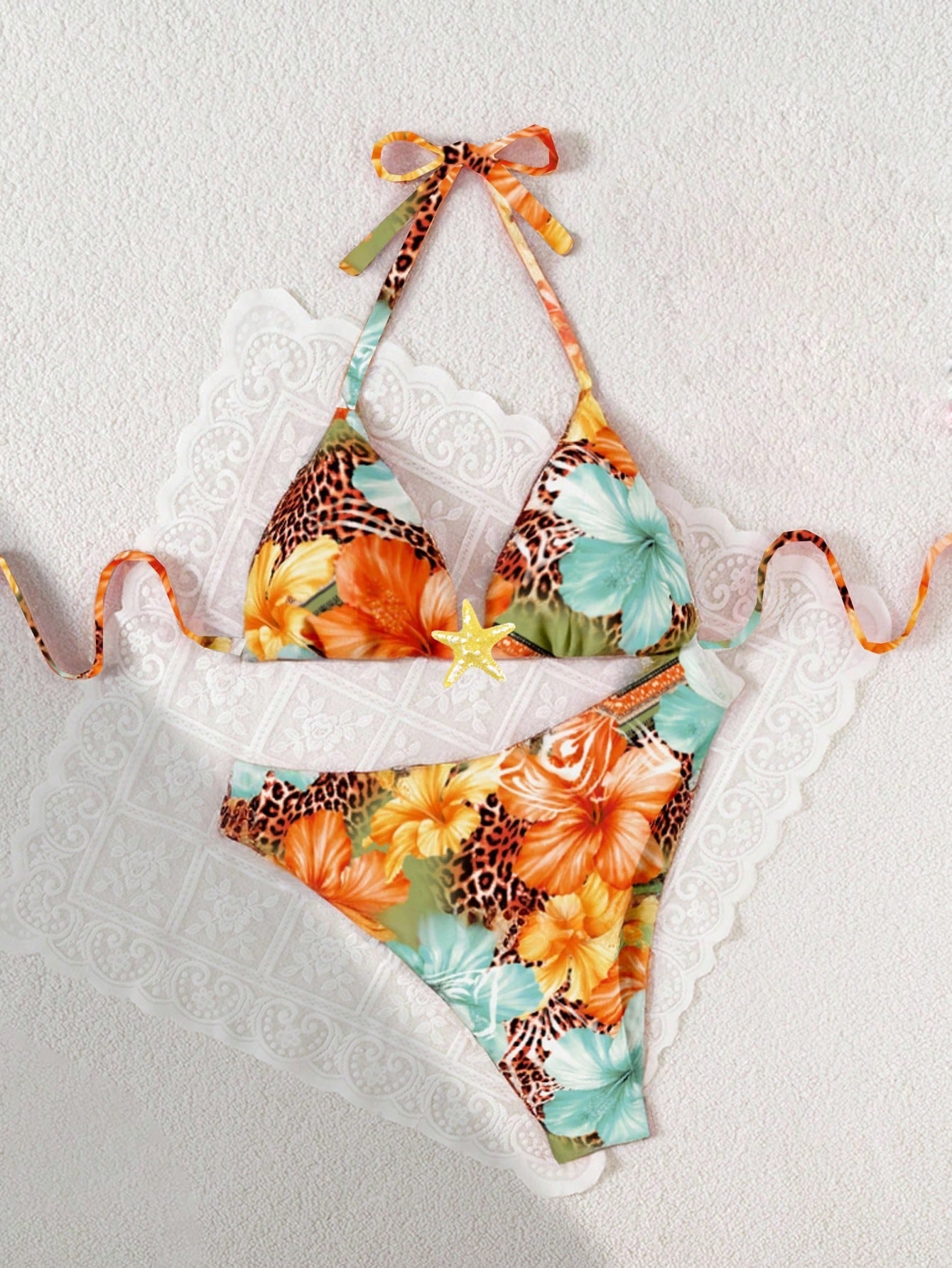 Swim Mod Plus Size Women 2 Pieces Sexy Pool Beach Wear, Random Digital Print Tie Front Casual Bikini Set For Summer Beach Vacation