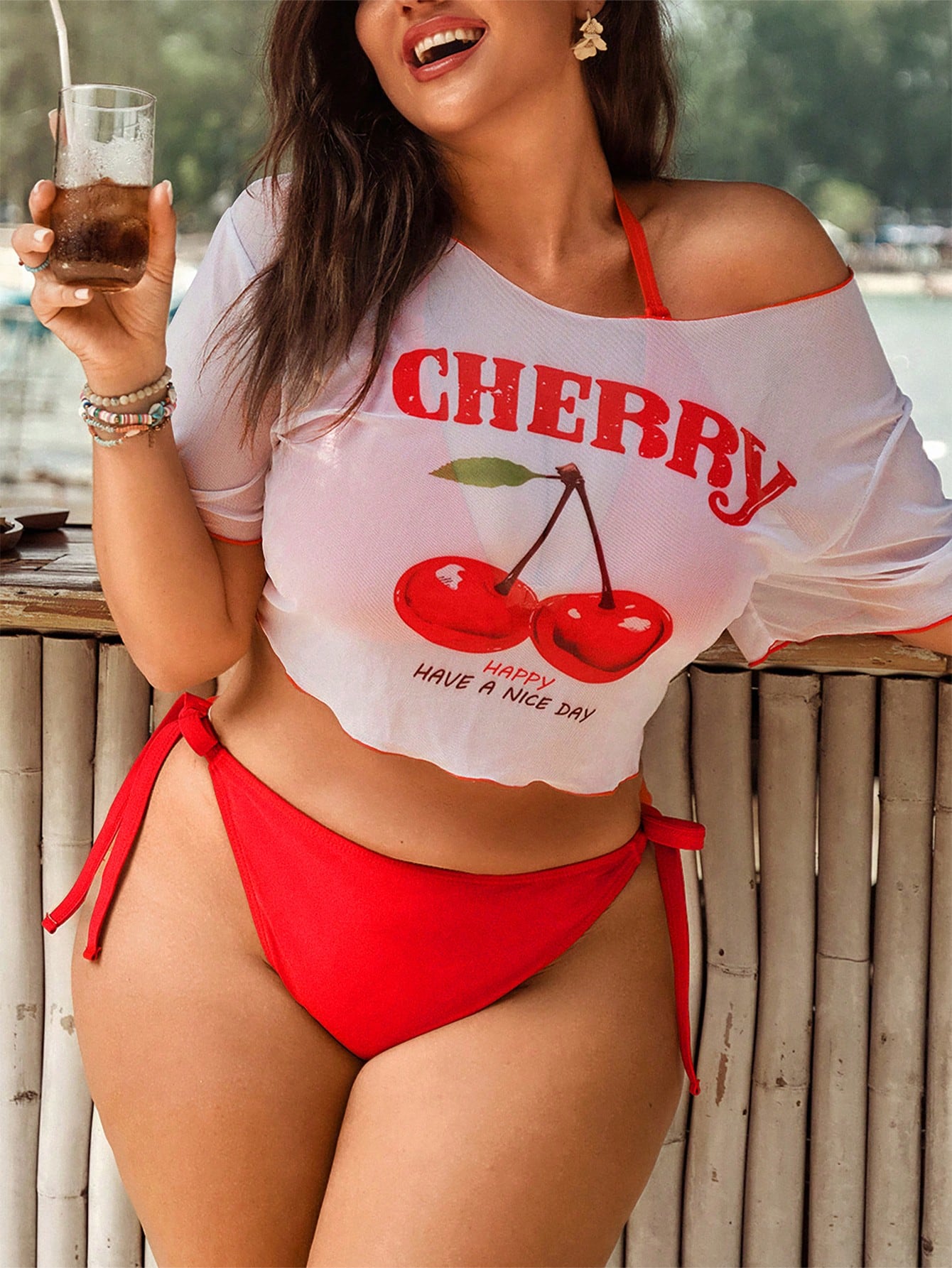 Swim Mod Plus Size Women Cherry Print 3-Piece Swimsuit Set,Halter Triangle Top,Semi-Sheer Half-Sleeve,White,Summer,Beach,Holiday Fashionable Vacation Swimwear