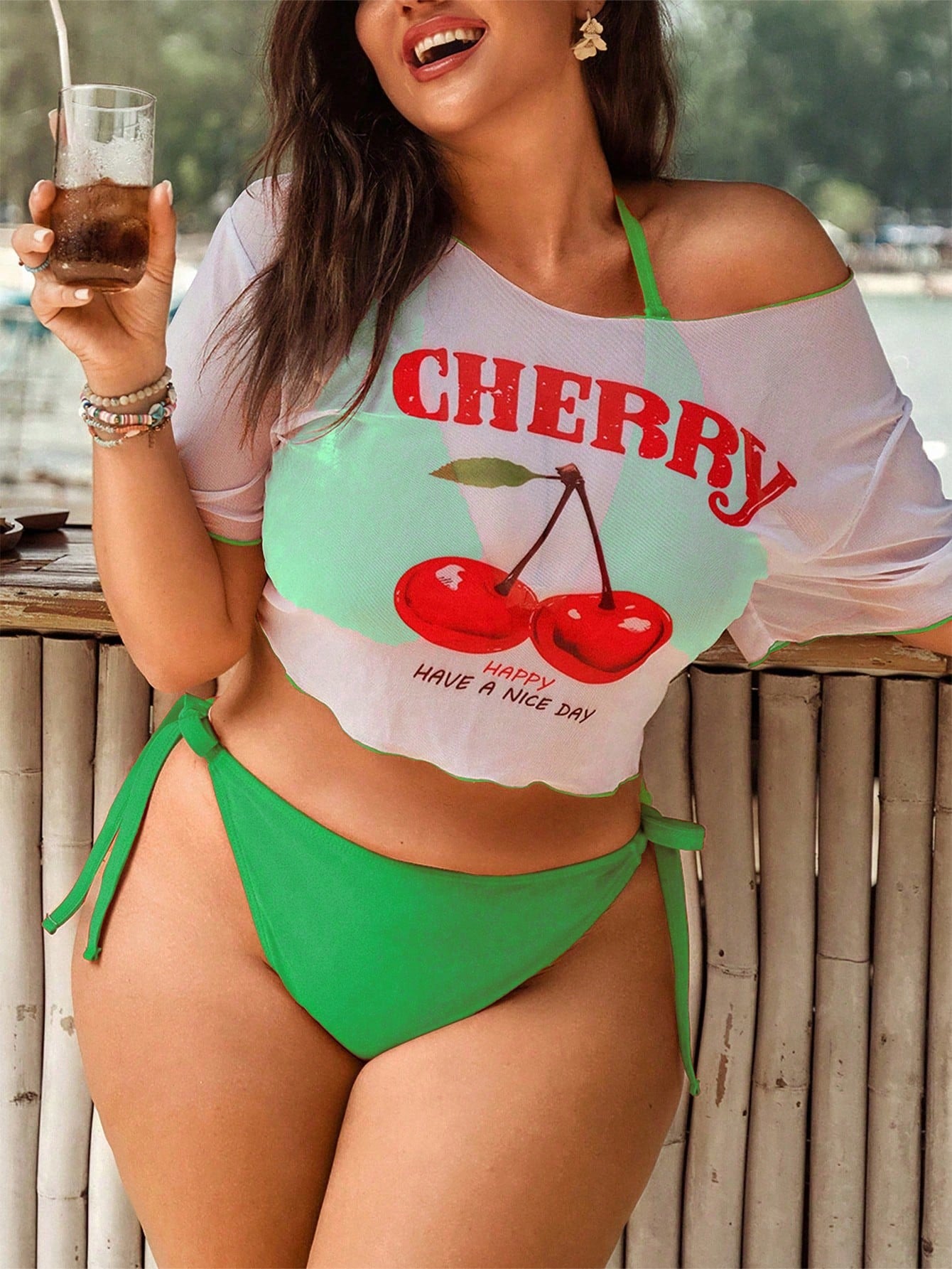 Swim Mod Plus Size Women Cherry Print 3-Piece Swimsuit Set,Halter Triangle Top,Semi-Sheer Half-Sleeve,White,Summer,Beach,Holiday Fashionable Vacation Swimwear