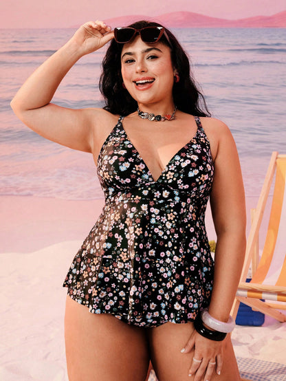Swim Mod Plus Size Women Printed Double Ruffle Strap Vacation Top,Regular Waist Triangle Bikini Bottom Swimwear Set For Pool Party,Black Summer Beach Holiday