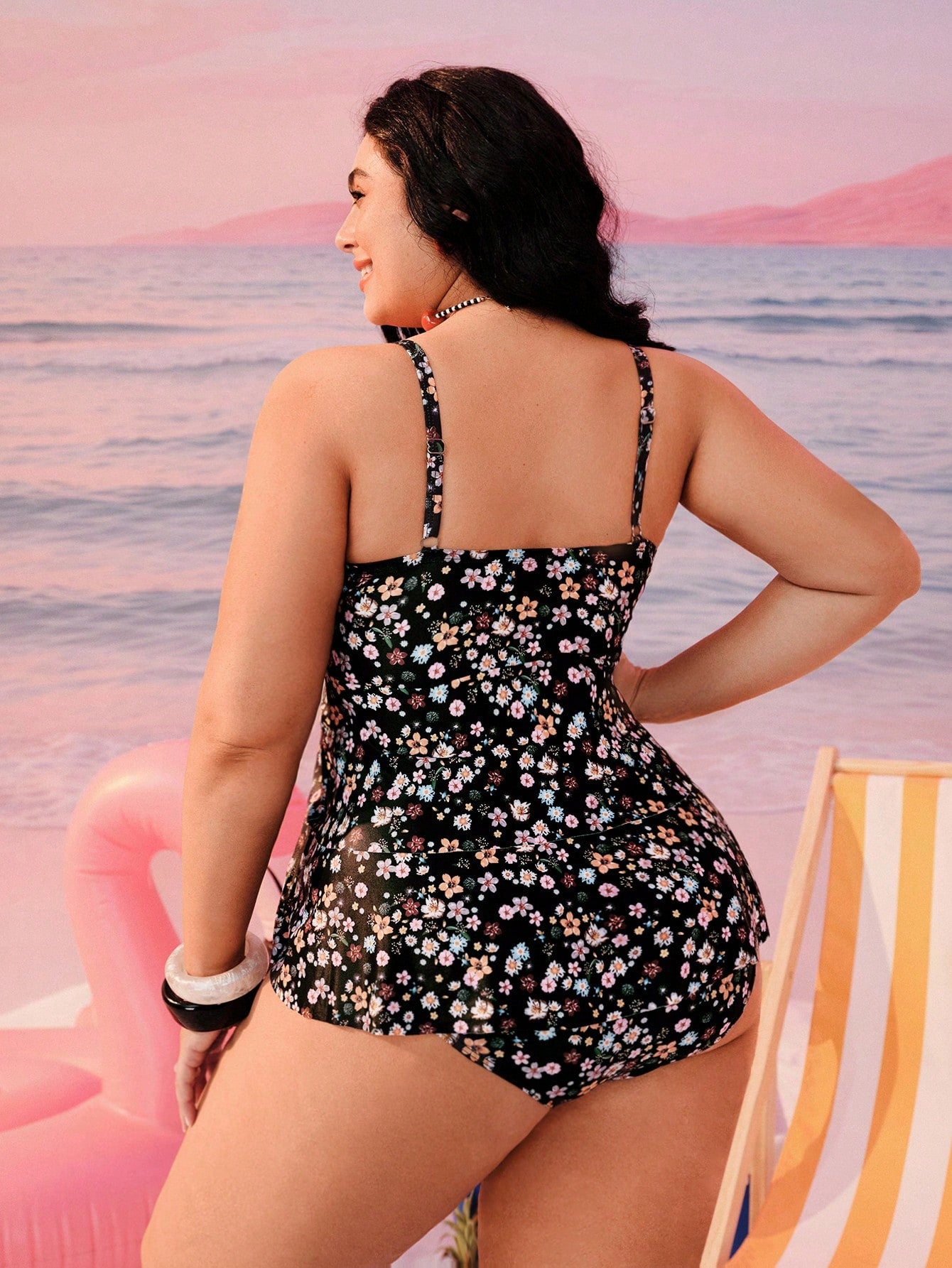 Swim Mod Plus Size Women Printed Double Ruffle Strap Vacation Top,Regular Waist Triangle Bikini Bottom Swimwear Set For Pool Party,Black Summer Beach Holiday
