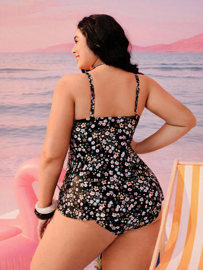 Swim Mod Plus Size Women Printed Double Ruffle Strap Vacation Top,Regular Waist Triangle Bikini Bottom Swimwear Set For Pool Party,Black Summer Beach Holiday