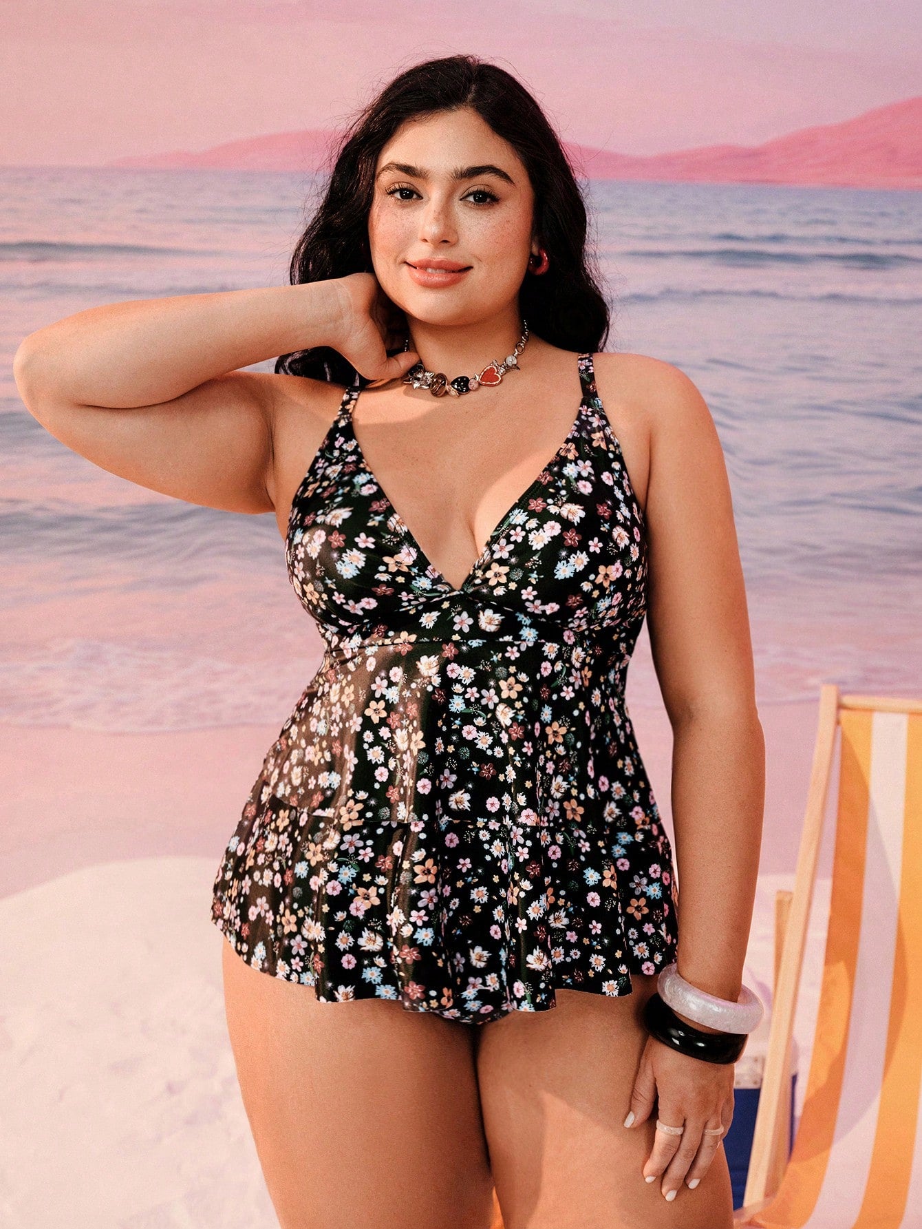 Swim Mod Plus Size Women Printed Double Ruffle Strap Vacation Top,Regular Waist Triangle Bikini Bottom Swimwear Set For Pool Party,Black Summer Beach Holiday