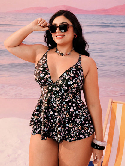 Swim Mod Plus Size Women Printed Double Ruffle Strap Vacation Top,Regular Waist Triangle Bikini Bottom Swimwear Set For Pool Party,Black Summer Beach Holiday