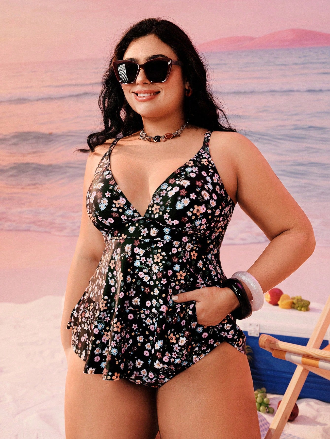 Swim Mod Plus Size Women Printed Double Ruffle Strap Vacation Top,Regular Waist Triangle Bikini Bottom Swimwear Set For Pool Party,Black Summer Beach Holiday