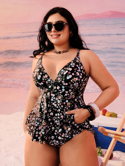 Swim Mod Plus Size Women Printed Double Ruffle Strap Vacation Top,Regular Waist Triangle Bikini Bottom Swimwear Set For Pool Party,Black Summer Beach Holiday