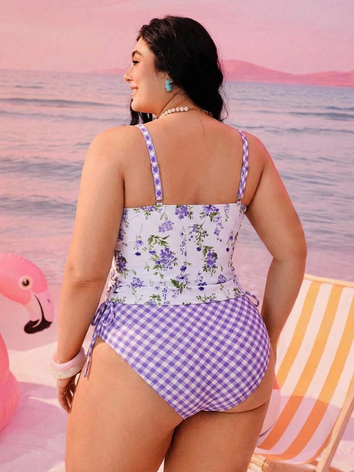 Swim Mod Plus Size Women's 2pcs Printed Spaghetti Strap Drawstring Waist Triangle Bikini Swimwear, Vacation Beach Vacation Halter Tankini Summer