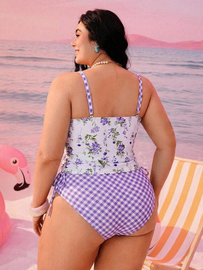 Swim Mod Plus Size Women's 2pcs Printed Spaghetti Strap Drawstring Waist Triangle Bikini Swimwear, Vacation Beach Vacation Halter Tankini Summer