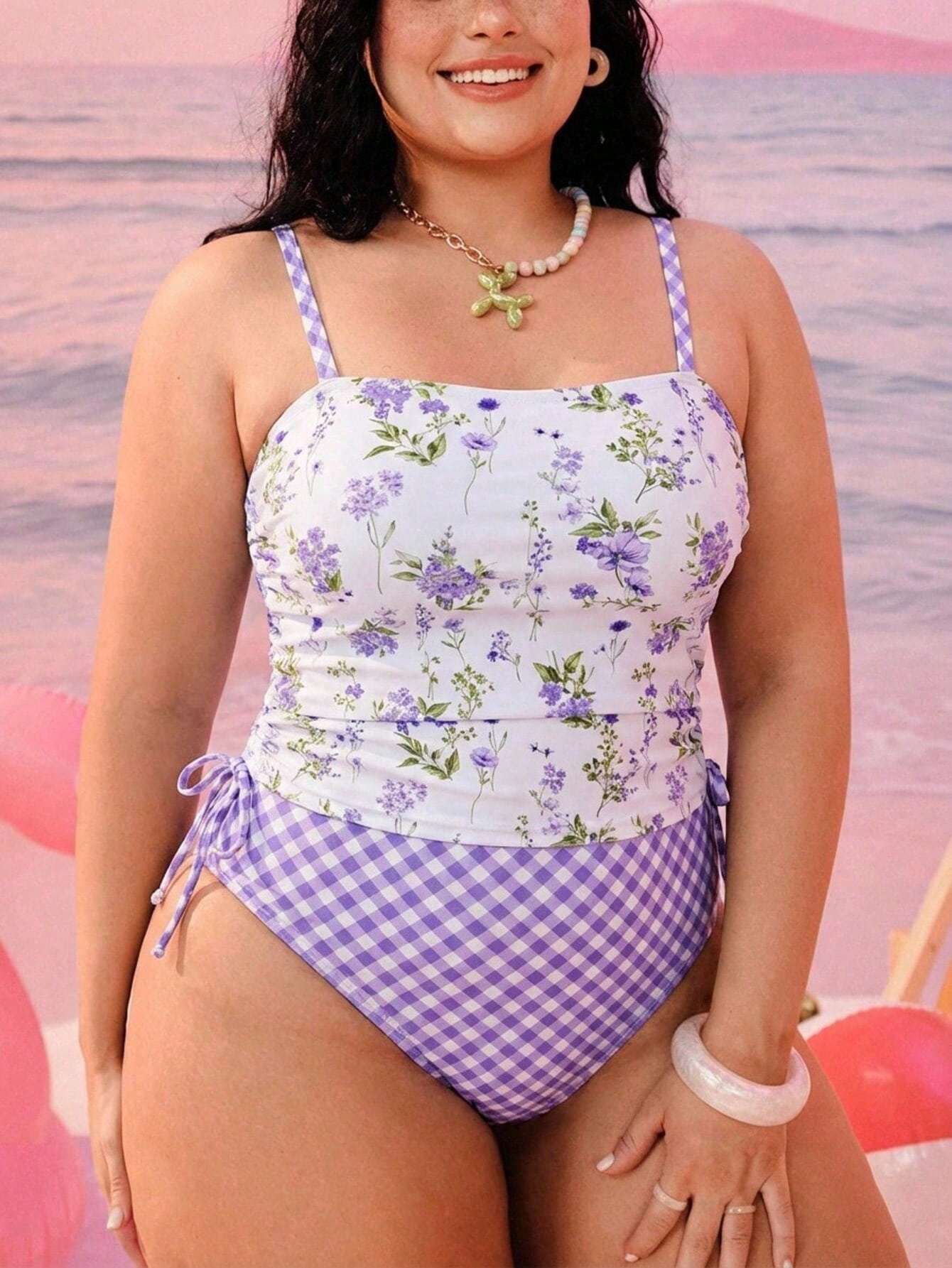 Swim Mod Plus Size Women's 2pcs Printed Spaghetti Strap Drawstring Waist Triangle Bikini Swimwear, Vacation Beach Vacation Halter Tankini Summer