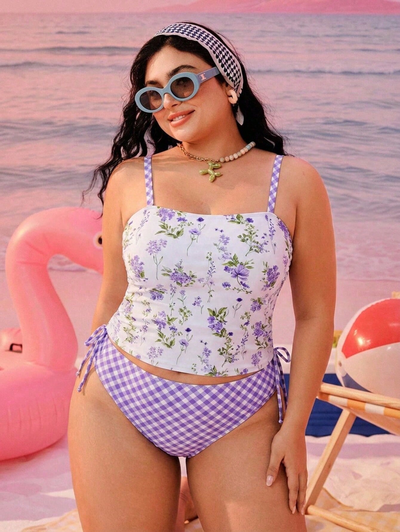Swim Mod Plus Size Women's 2pcs Printed Spaghetti Strap Drawstring Waist Triangle Bikini Swimwear, Vacation Beach Vacation Halter Tankini Summer