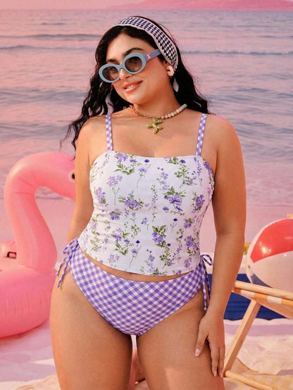 Swim Mod Plus Size Women's 2pcs Printed Spaghetti Strap Drawstring Waist Triangle Bikini Swimwear, Vacation Beach Vacation Halter Tankini Summer