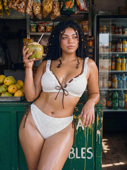 Swim Mod Plus Size Women's All White Ruffle Bikini 2 Pieces Set, Summer Vacation Beach Party Gym Travel Essential Sexy