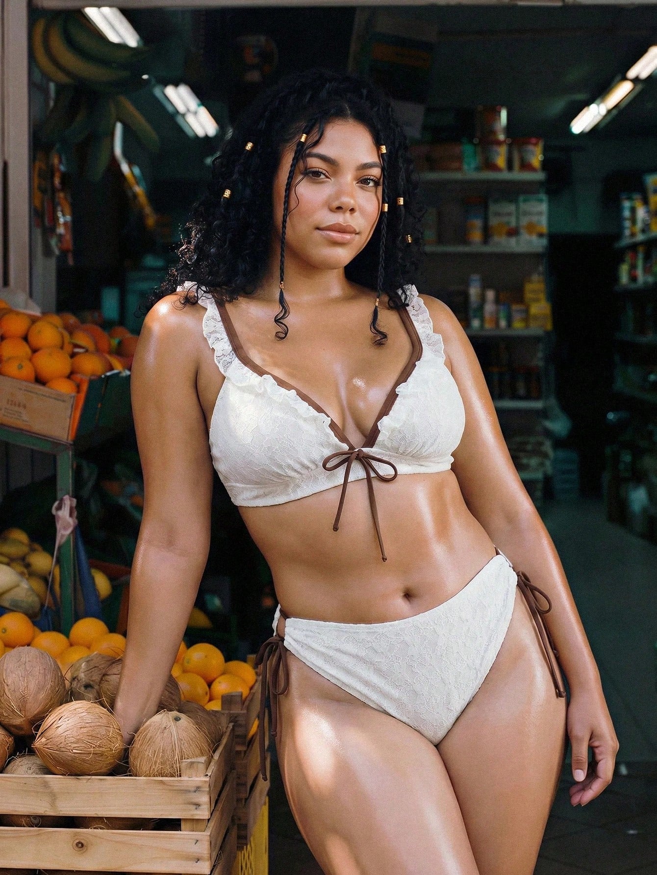Swim Mod Plus Size Women's All White Ruffle Bikini 2 Pieces Set, Summer Vacation Beach Party Gym Travel Essential Sexy