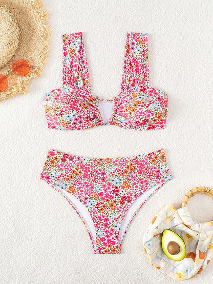Swim Mod Springbreak Women's Summer New Random Print Multicolor V-Neck Double Strap Sweet Ditsy Floral Pattern Vacation Bikini Set