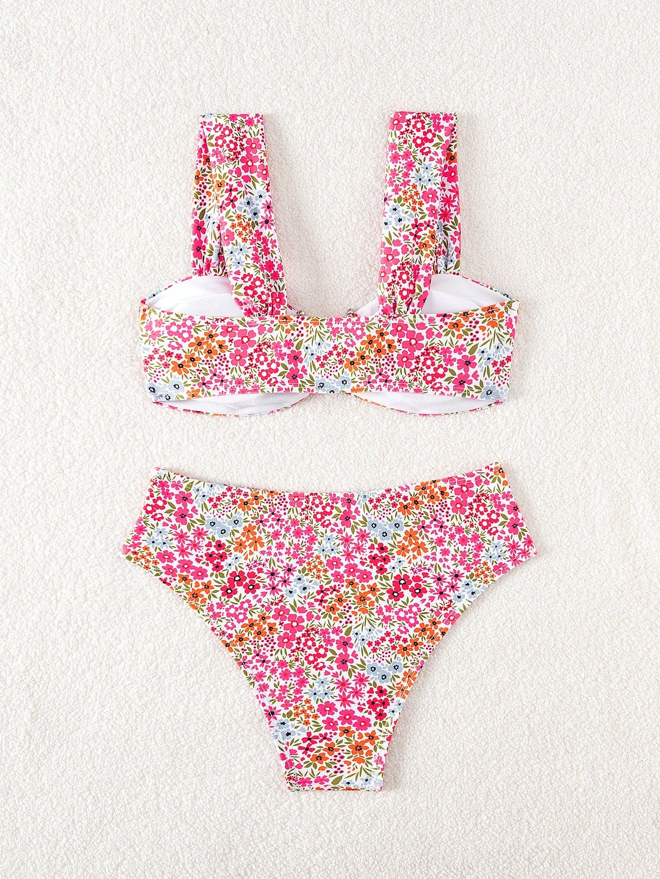 Swim Mod Springbreak Women's Summer New Random Print Multicolor V-Neck Double Strap Sweet Ditsy Floral Pattern Vacation Bikini Set