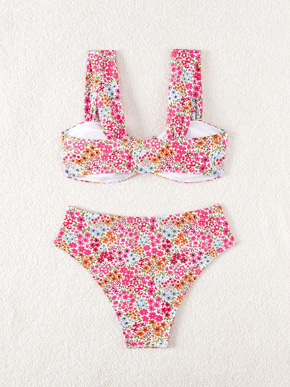 Swim Mod Springbreak Women's Summer New Random Print Multicolor V-Neck Double Strap Sweet Ditsy Floral Pattern Vacation Bikini Set
