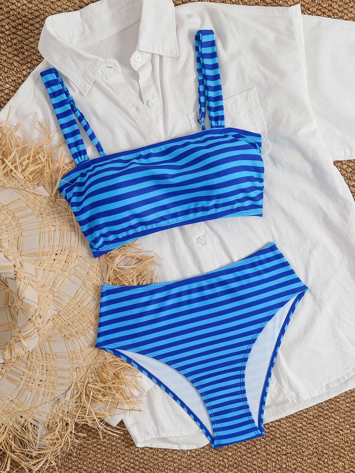 Swim Mod Women's 2-Piece Bikini Set, Tropical Cute Multi-Color Striped Print Bandeau Top With Adjustable Thick Straps And High-Waist Triangle Bottoms, Elegant Casual Beach Vacation Party Bikini Set Ou