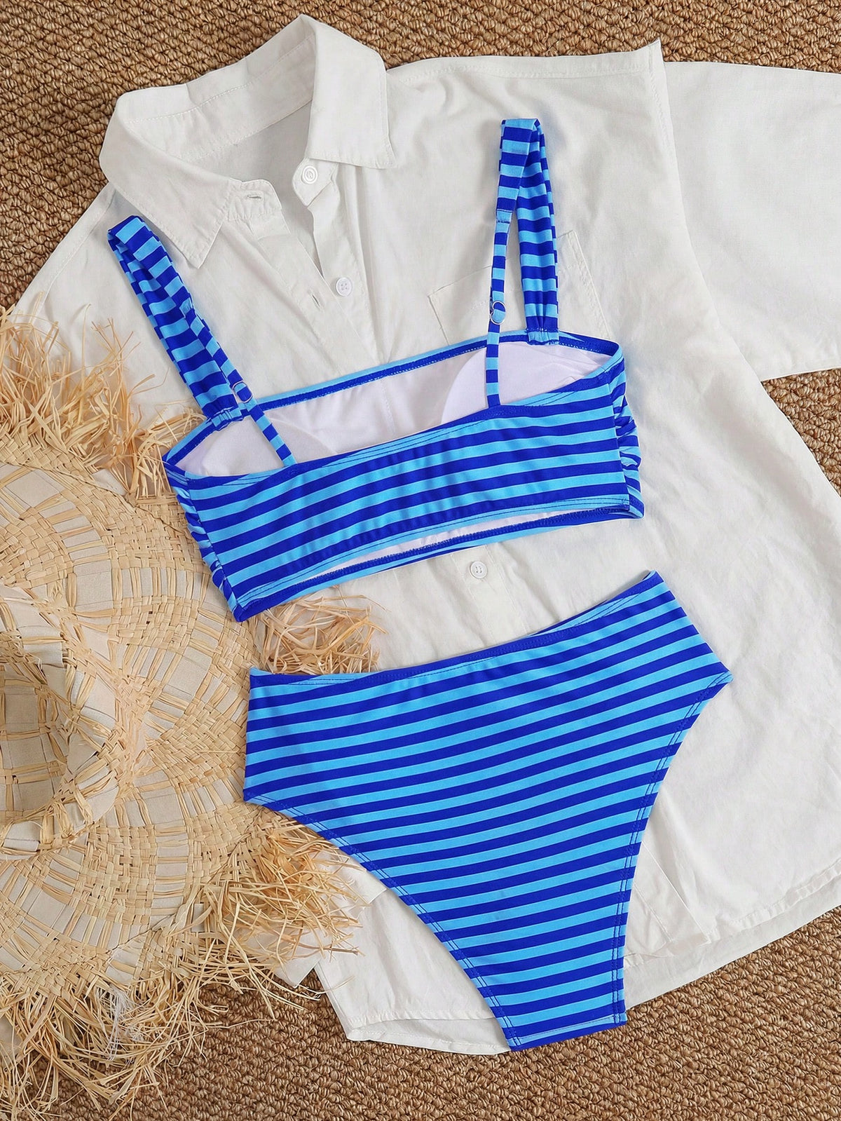 Swim Mod Women's 2-Piece Bikini Set, Tropical Cute Multi-Color Striped Print Bandeau Top With Adjustable Thick Straps And High-Waist Triangle Bottoms, Elegant Casual Beach Vacation Party Bikini Set Ou