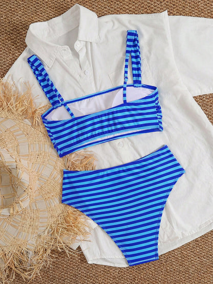 Swim Mod Women's 2-Piece Bikini Set, Tropical Cute Multi-Color Striped Print Bandeau Top With Adjustable Thick Straps And High-Waist Triangle Bottoms, Elegant Casual Beach Vacation Party Bikini Set Ou