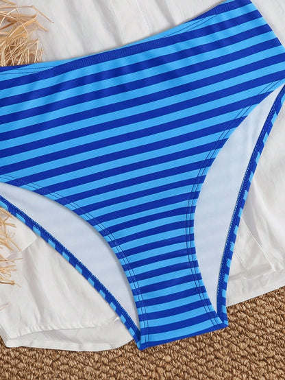 Swim Mod Women's 2-Piece Bikini Set, Tropical Cute Multi-Color Striped Print Bandeau Top With Adjustable Thick Straps And High-Waist Triangle Bottoms, Elegant Casual Beach Vacation Party Bikini Set Ou