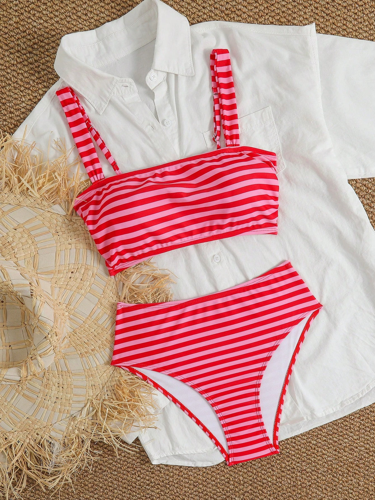 Swim Mod Women's 2-Piece Bikini Set, Tropical Cute Multi-Color Striped Print Bandeau Top With Adjustable Thick Straps And High-Waist Triangle Bottoms, Elegant Casual Beach Vacation Party Bikini Set Ou