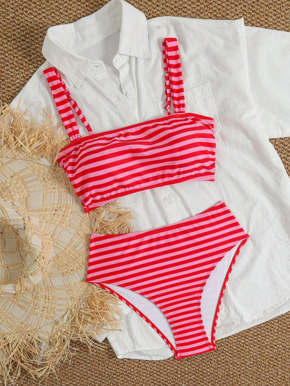 Swim Mod Women's 2-Piece Bikini Set, Tropical Cute Multi-Color Striped Print Bandeau Top With Adjustable Thick Straps And High-Waist Triangle Bottoms, Elegant Casual Beach Vacation Party Bikini Set Ou
