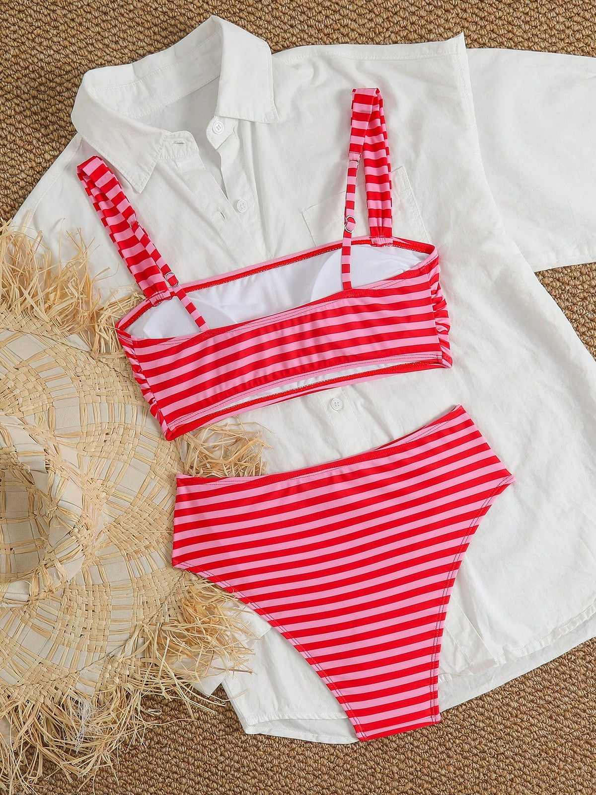 Swim Mod Women's 2-Piece Bikini Set, Tropical Cute Multi-Color Striped Print Bandeau Top With Adjustable Thick Straps And High-Waist Triangle Bottoms, Elegant Casual Beach Vacation Party Bikini Set Ou