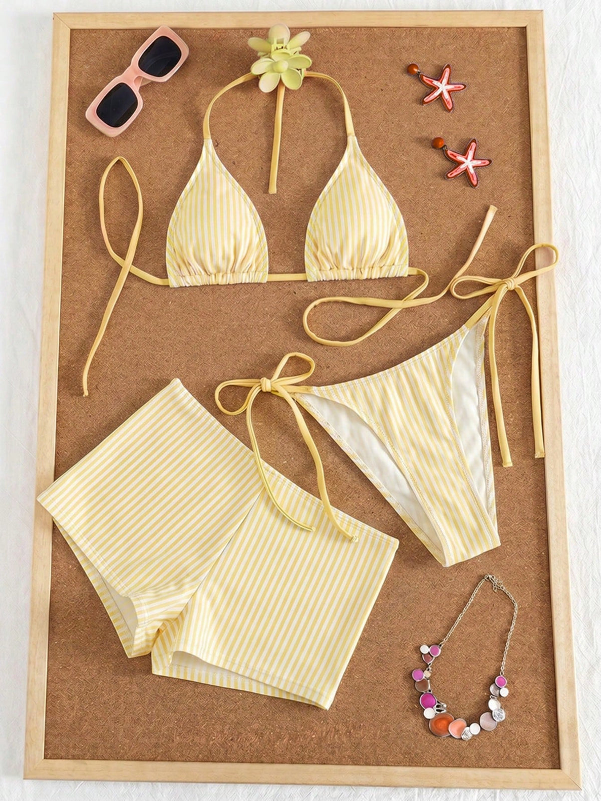 Swim Mod Women's 3-Piece Striped Print Halter Bikini Set With Briefs, Summer Swimwear