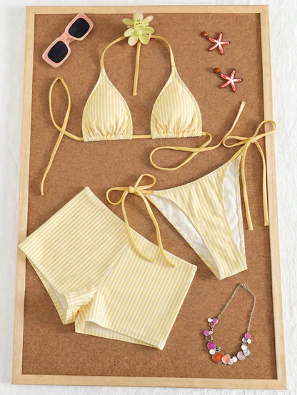 Swim Mod Women's 3-Piece Striped Print Halter Bikini Set With Briefs, Summer Swimwear
