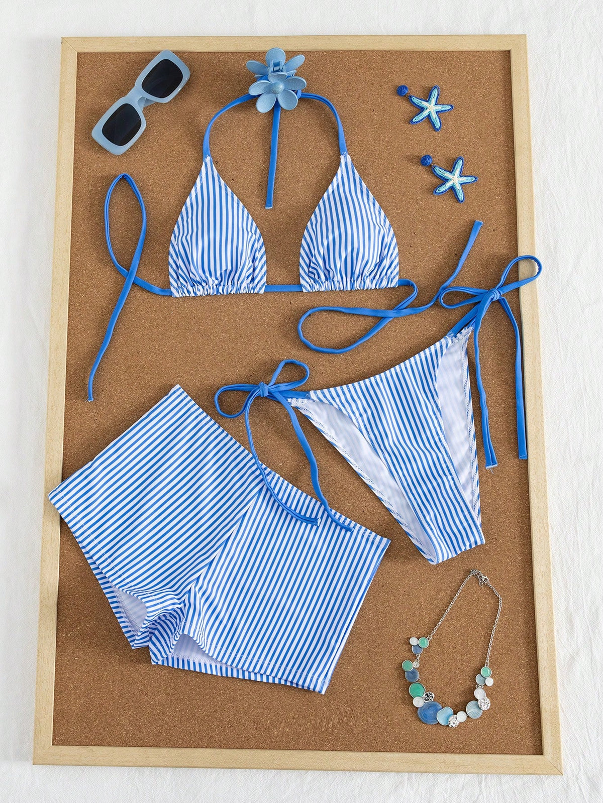 Swim Mod Women's 3-Piece Striped Print Halter Bikini Set With Briefs, Summer Swimwear