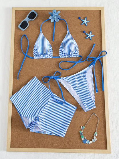 Swim Mod Women's 3-Piece Striped Print Halter Bikini Set With Briefs, Summer Swimwear