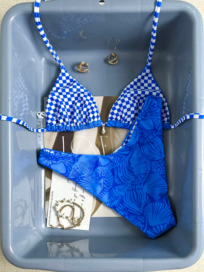 Swim Mod Women's Baby Blue Gingham Checkered Bikini Set,Summer Casual Beach Shell & Starfish Triangle Swimsuits,Boho Holiday Vacation Swimwear For Women