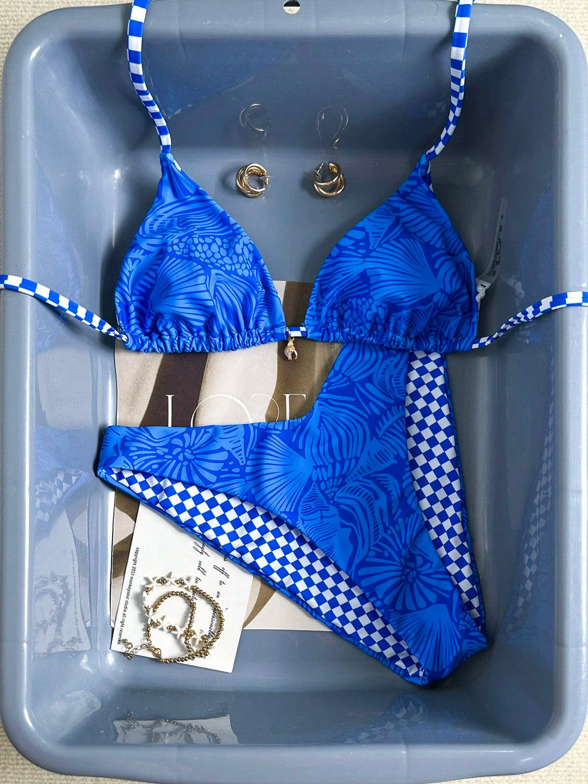 Swim Mod Women's Baby Blue Gingham Checkered Bikini Set,Summer Casual Beach Shell & Starfish Triangle Swimsuits,Boho Holiday Vacation Swimwear For Women