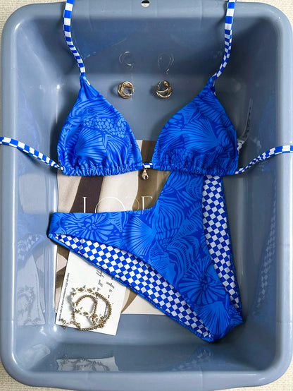 Swim Mod Women's Baby Blue Gingham Checkered Bikini Set,Summer Casual Beach Shell & Starfish Triangle Swimsuits,Boho Holiday Vacation Swimwear For Women