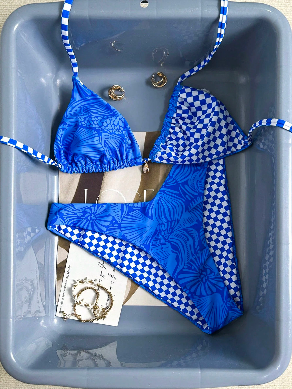 Swim Mod Women's Baby Blue Gingham Checkered Bikini Set,Summer Casual Beach Shell & Starfish Triangle Swimsuits,Boho Holiday Vacation Swimwear For Women