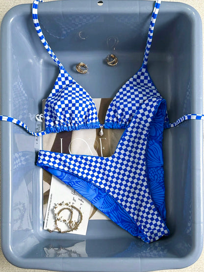 Swim Mod Women's Baby Blue Gingham Checkered Bikini Set,Summer Casual Beach Shell & Starfish Triangle Swimsuits,Boho Holiday Vacation Swimwear For Women