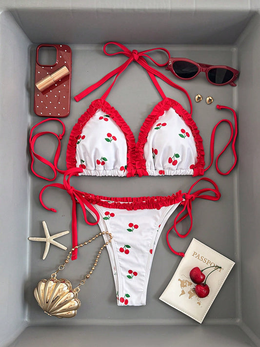 Swim Mod Women's Cute Cherry Print Triangle Cup Halter Tie Sexy Bikini Set